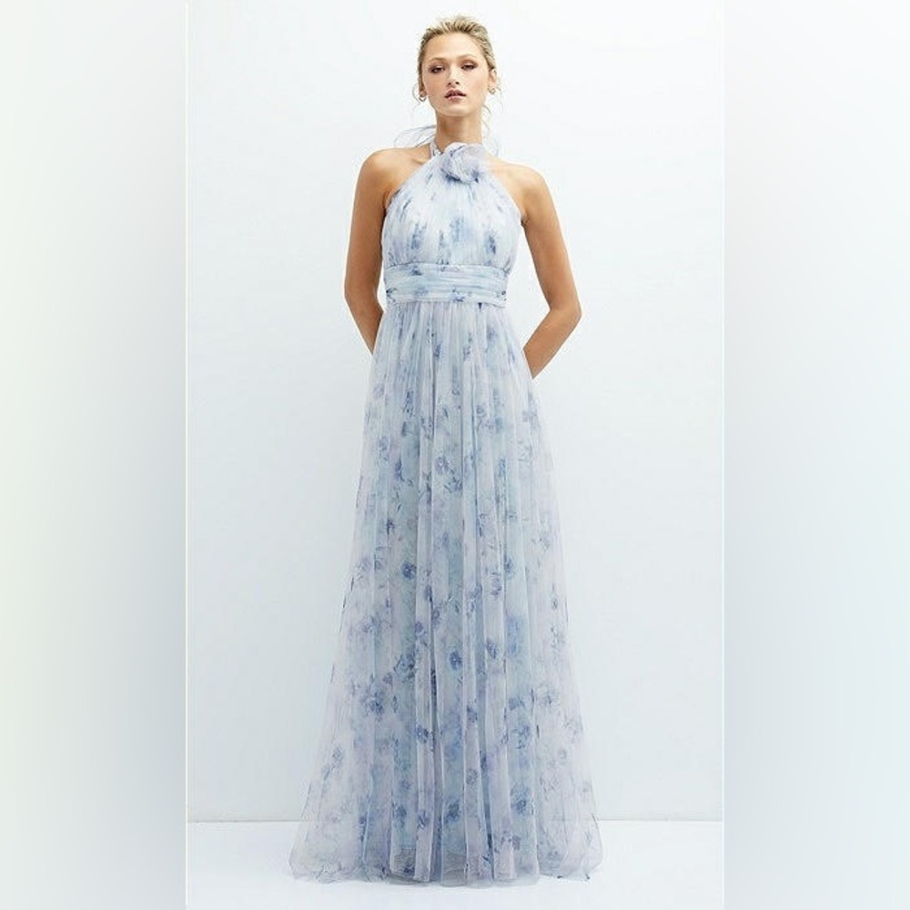 New! Dessy Collection Floral Tie-Back Halter Tulle Dress  & Rosette Mist Garden🩵 - Picture 2 of 10
